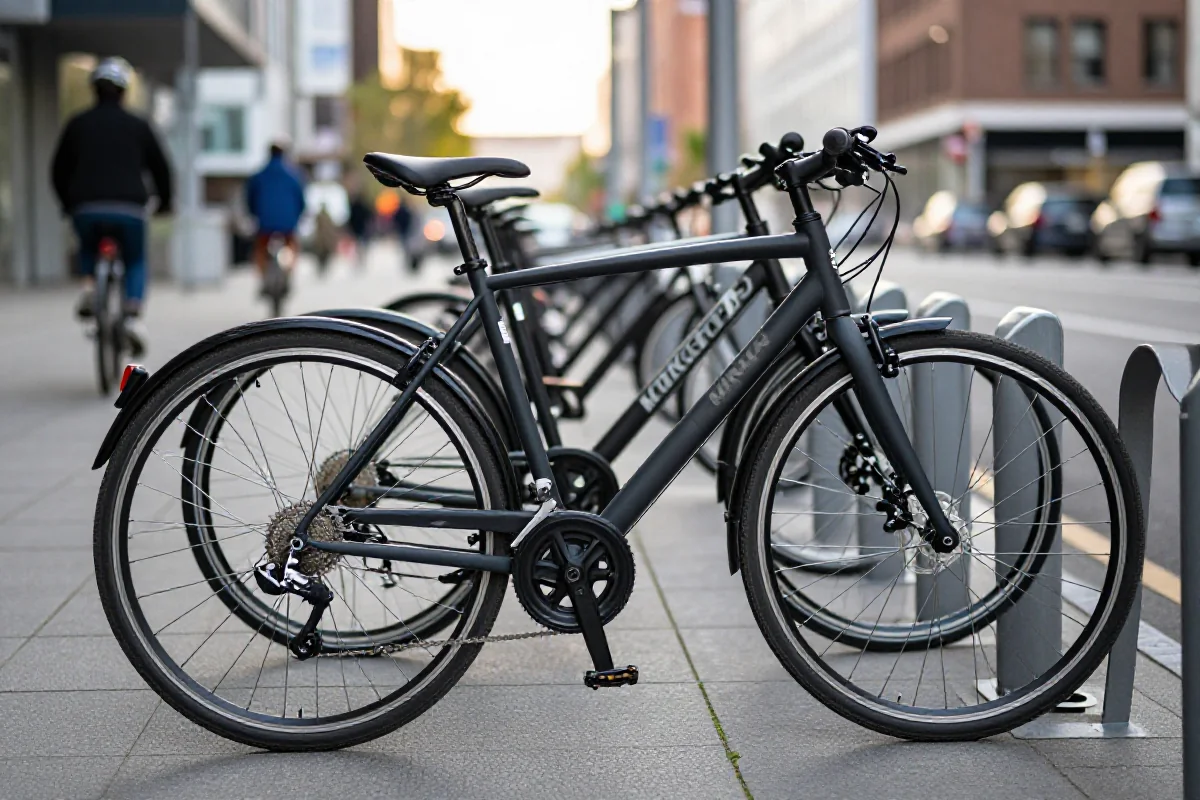 Rower miejski przy stojaku w miejskim otoczeniu, idealny do commuting.