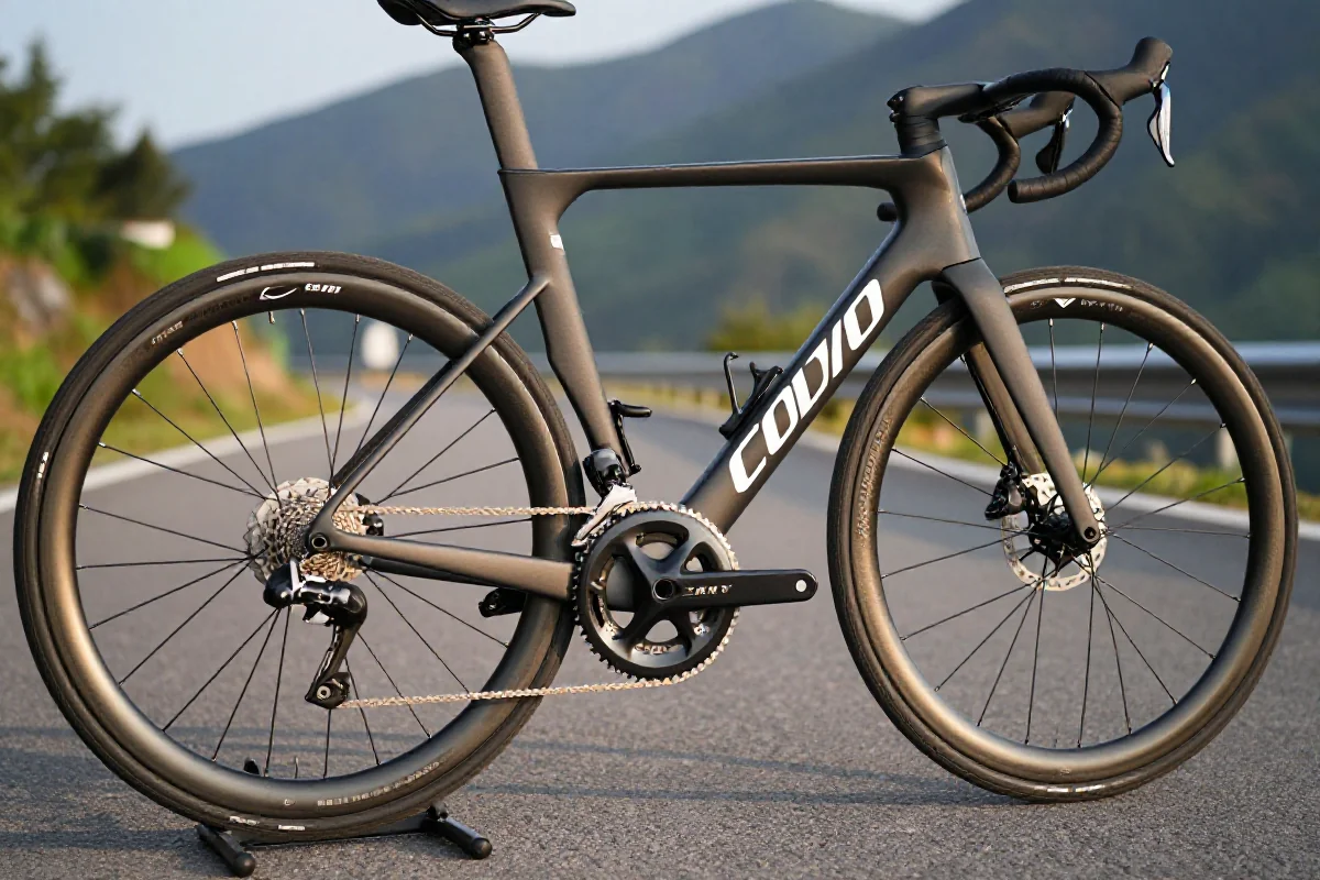 Nowoczesny rower szosowy z zaawansowanym systemem przerzutek i aerodynamiczną ramą.