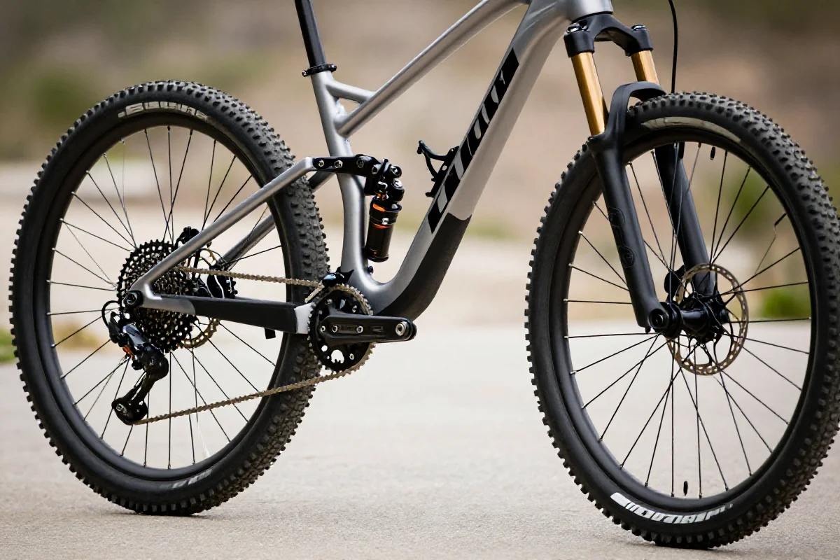 Szczegóły ramy roweru górskiego na płaskiej powierzchni, ukazujące geometrię i komponenty.