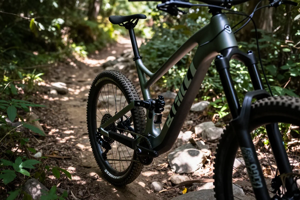 Szczegółowy widok ramy roweru górskiego na szlaku MTB.