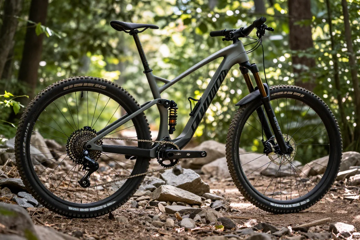 Rower górski na szlaku, idealny do wyścigów MTB, z pełnym zawieszeniem.