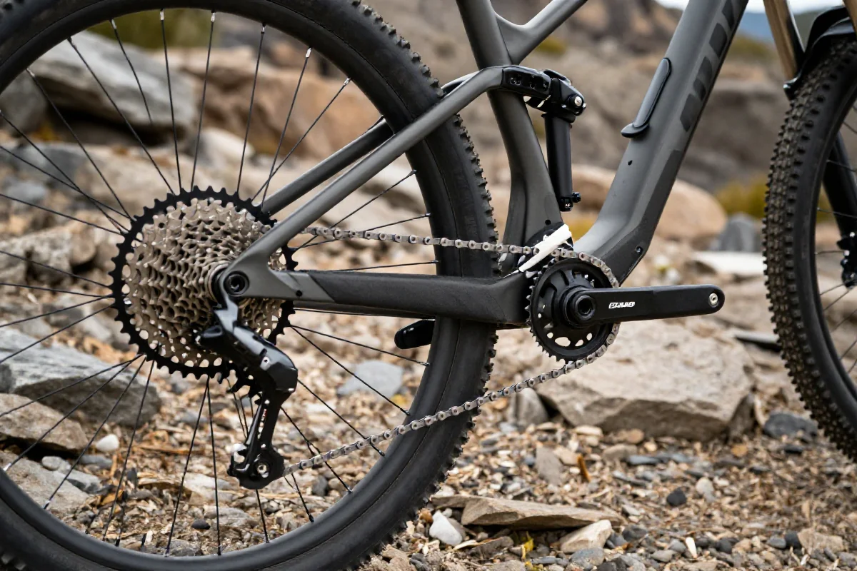 Szczegółowy widok napędu roweru górskiego na stromym podjeździe