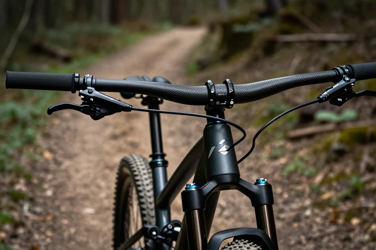 Szeroka kierownica roweru enduro na tle leśnej trasy