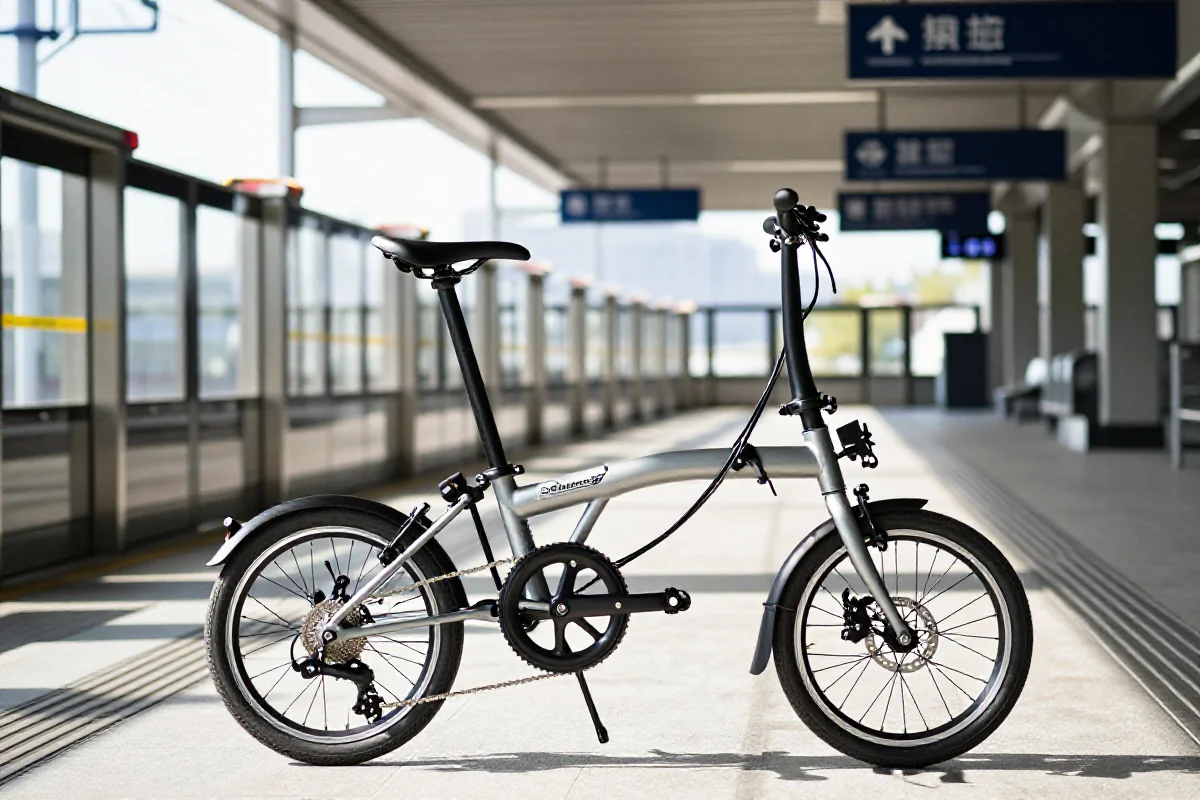 Składany e-bike w nowoczesnej stacji metra, idealny do dojazdów.