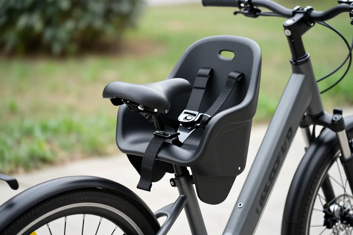 Fotelik dziecięcy na rowerze elektrycznym, idealny do przewozu 2-latka.