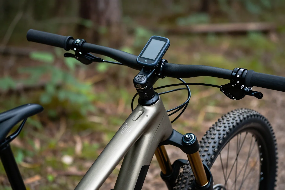 Rower górski z GPS trackerem w lesie, idealny do MTB.