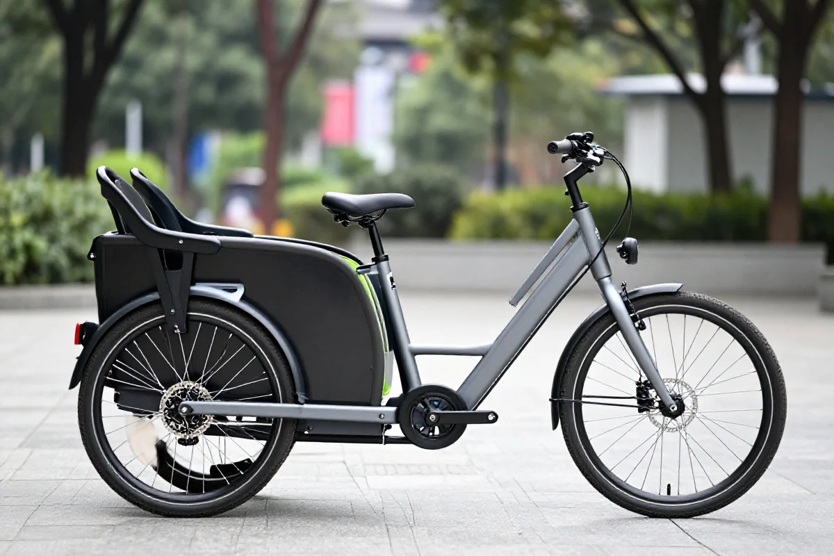 Nowoczesny rower cargo longtail dla rodziny z dwójką dzieci w parku.