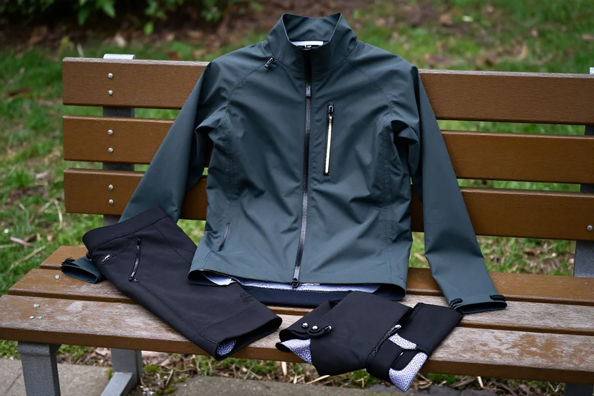 Wysokiej jakości odzież rowerowa przeciwdeszczowa na drewnianej ławce w parku.