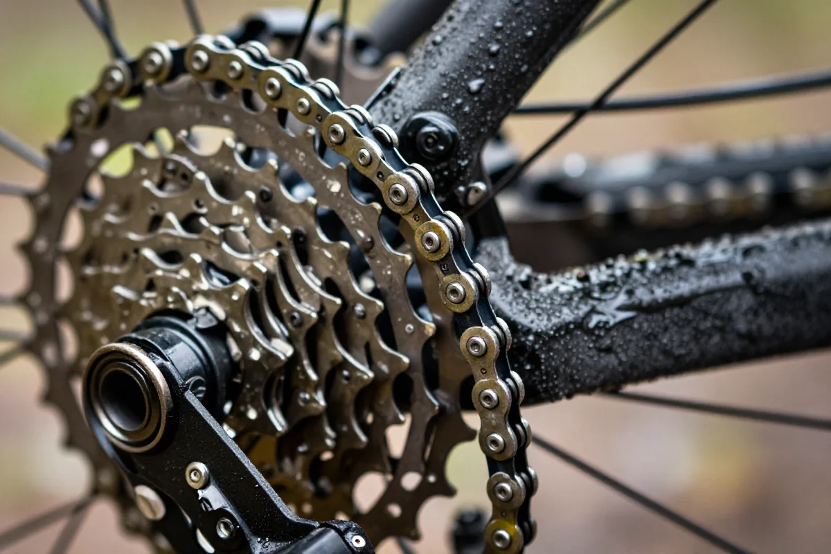 Łańcuch roweru górskiego z smarem na mokro, szczegóły komponentów i tekstura.