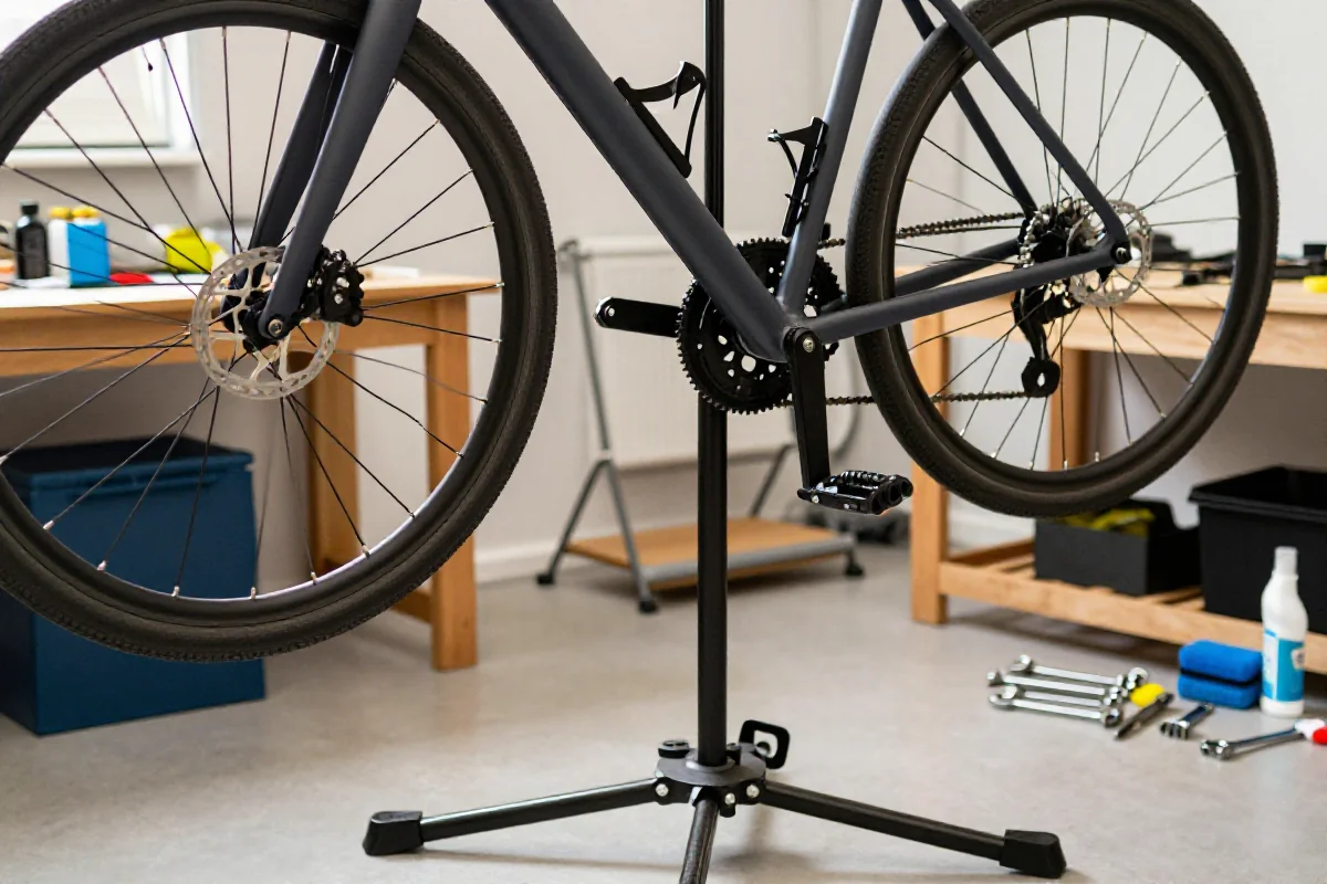 Stojak rowerowy w domowym warsztacie do konserwacji roweru miejskiego.