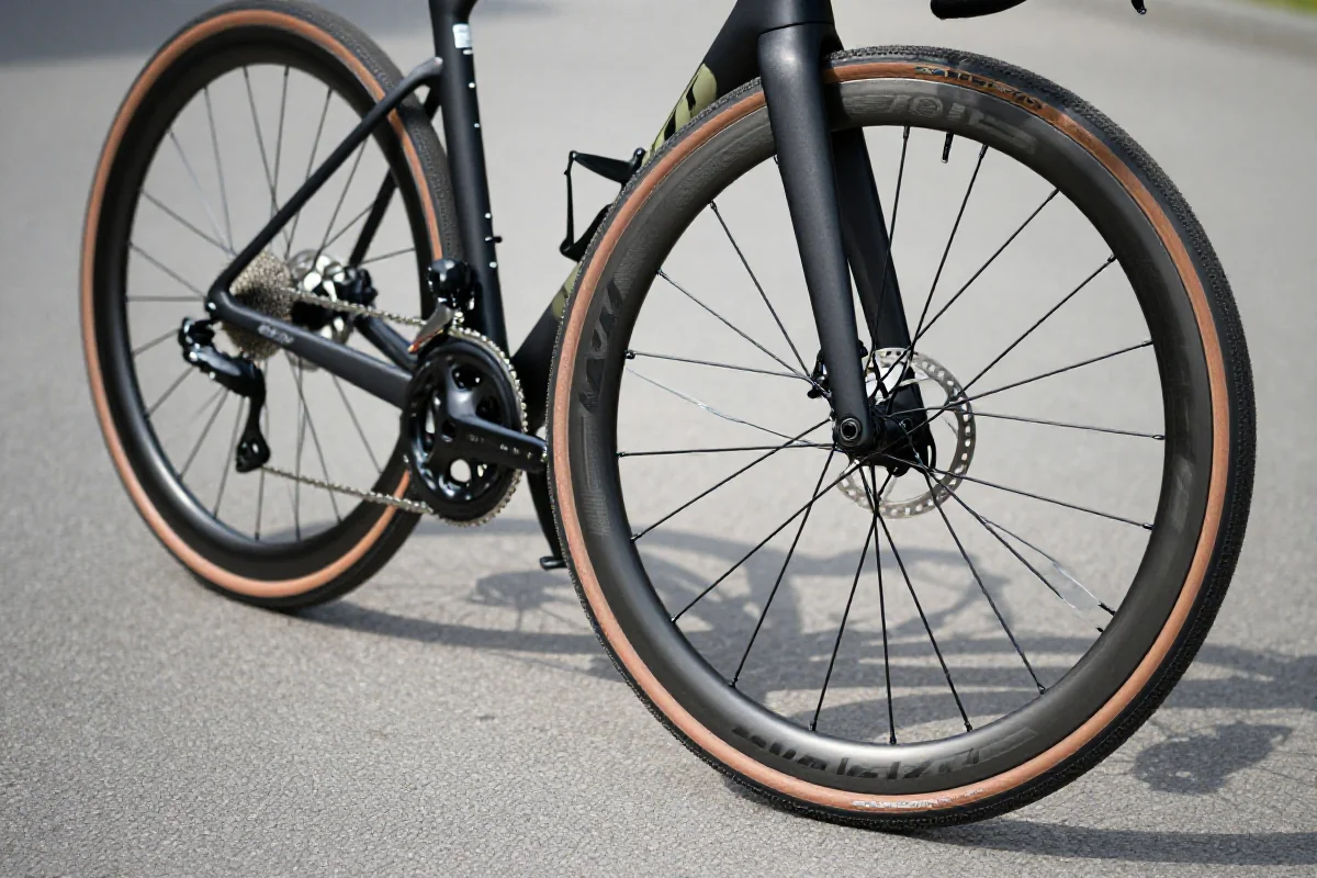 Szosowy rower z oponami 25 mm na asfalcie, ukazujący detale opon.