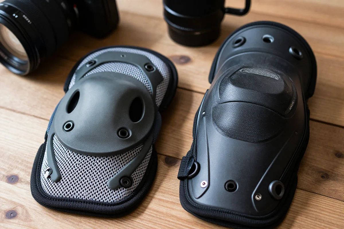 Zbliżenie na miękkie i twarde nakolanniki do jazdy trailowej