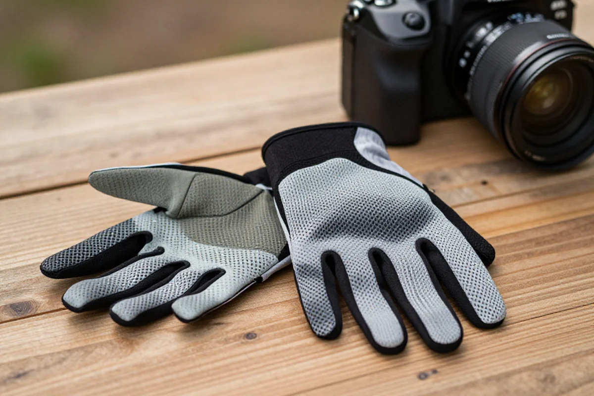 Rękawice letnie do MTB na drewnianej powierzchni, idealne na upalne dni.