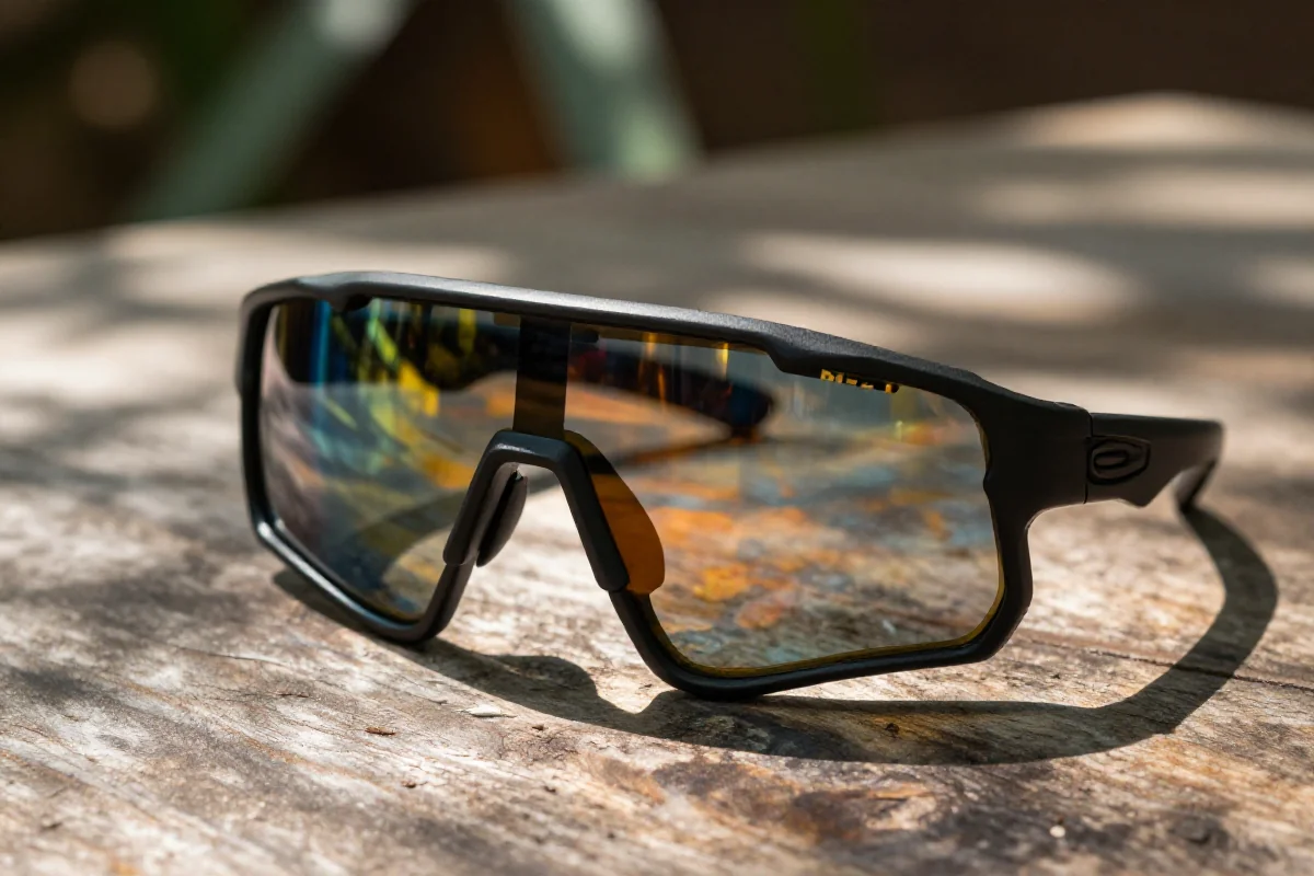 Okulary MTB z różnymi soczewkami na drewnianym stole w plenerze.