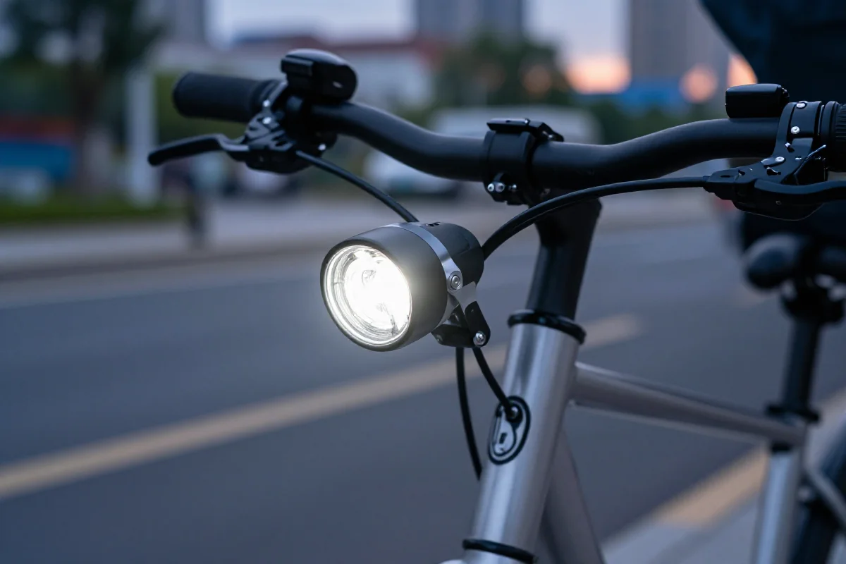 Nowoczesna lampa rowerowa na kierownicy w miejskim otoczeniu przy słabym świetle.