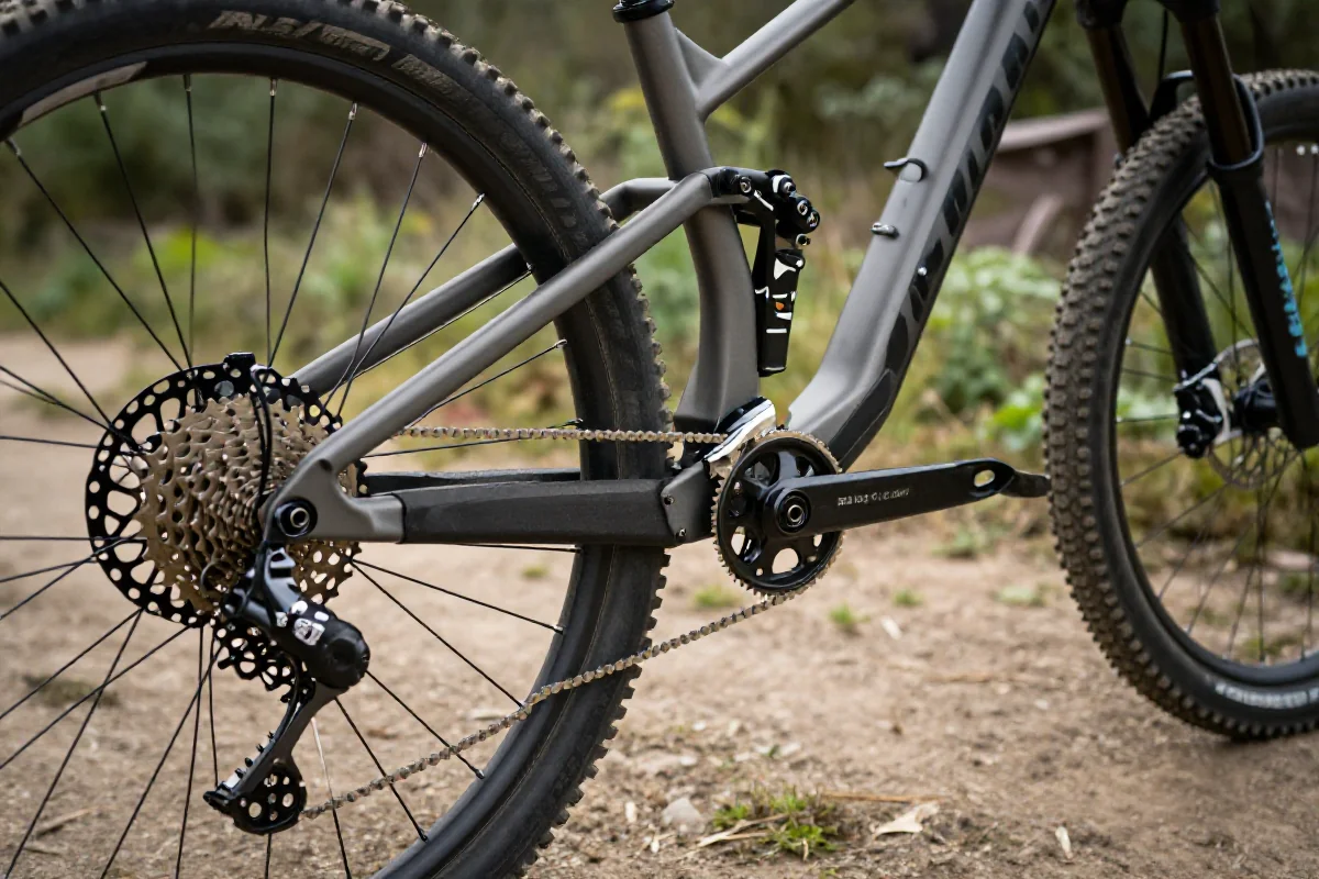 Szczegółowy widok na komponenty roweru górskiego w naturalnym otoczeniu