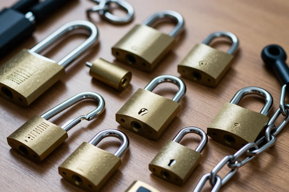 Różne typy zamków rowerowych na drewnianej powierzchni, zabezpieczenia do parkowania.