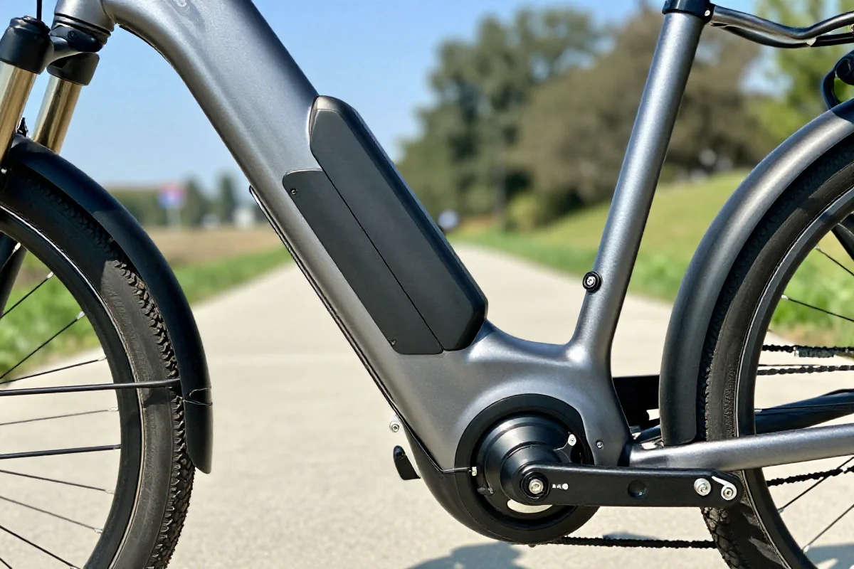 Detale roweru elektrycznego w letnim krajobrazie, z akcentem na baterię i silnik.