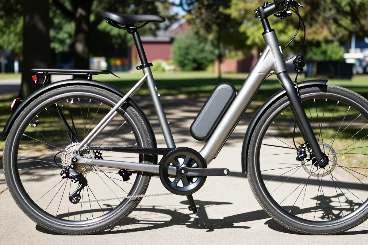 E-bike w cieniu, pokazujący akumulator i komponenty, idealny do jazdy w upale.