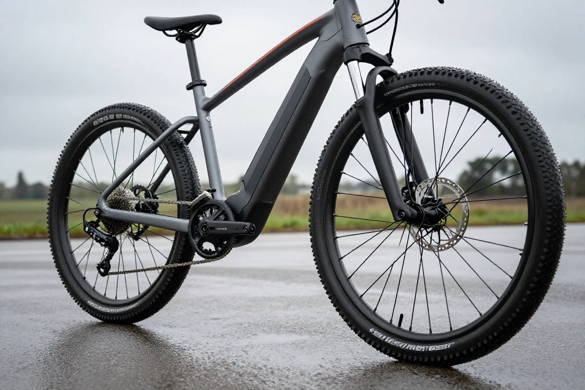 Elektryczny rower na mokrej drodze, idealny do jazdy w deszczu.