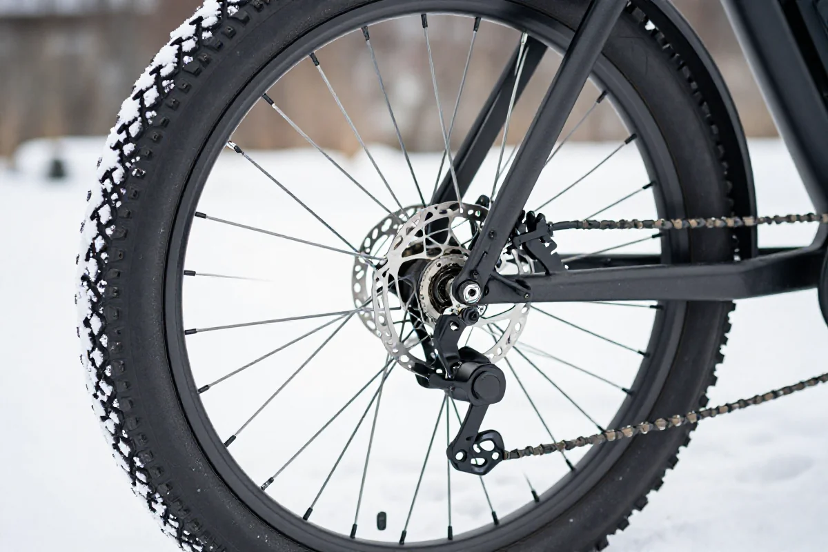 Zimowe opony roweru elektrycznego z głębokim bieżnikiem w śniegu.