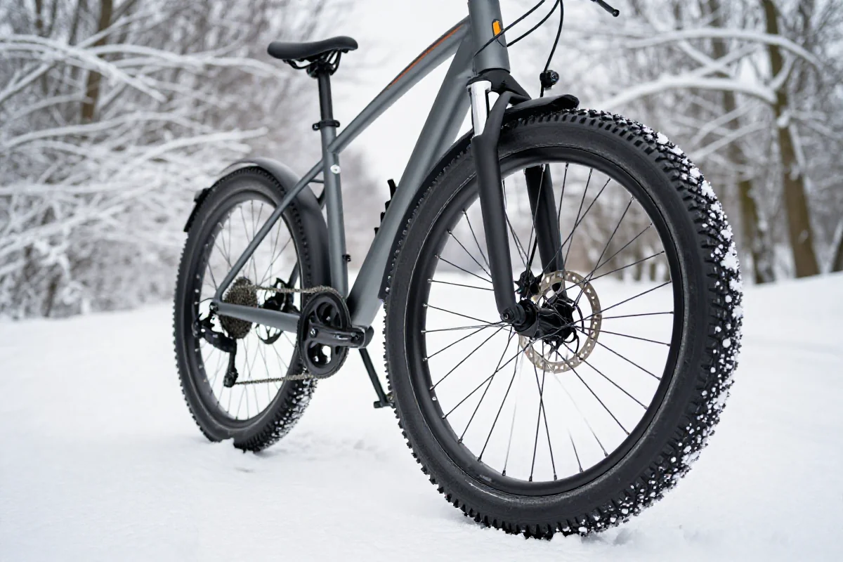 Rower elektryczny z oponami zimowymi na śnieżnej ścieżce w lesie.