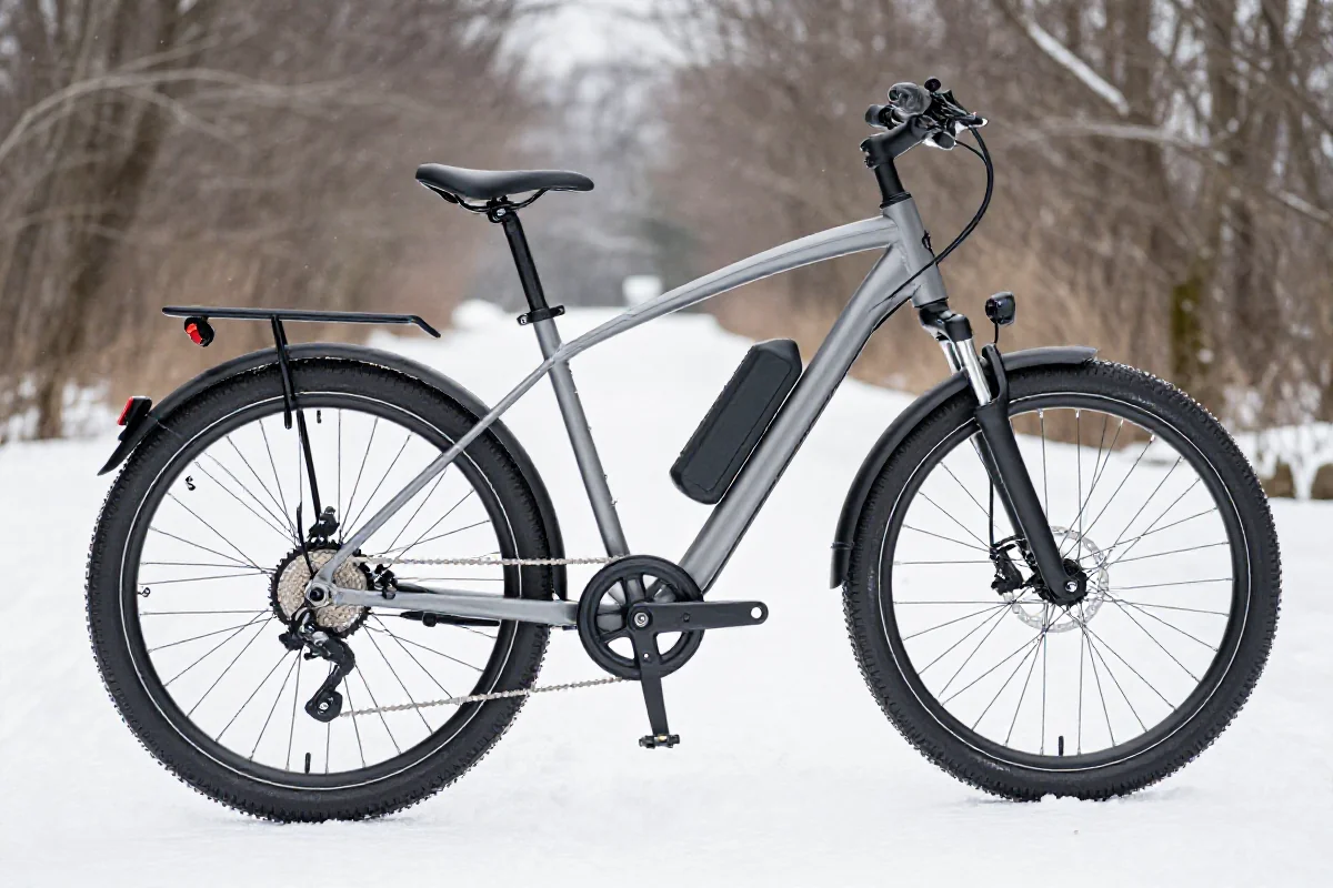 E-bike na śniegu, przygotowany do jazdy zimowej z oponami zimowymi.