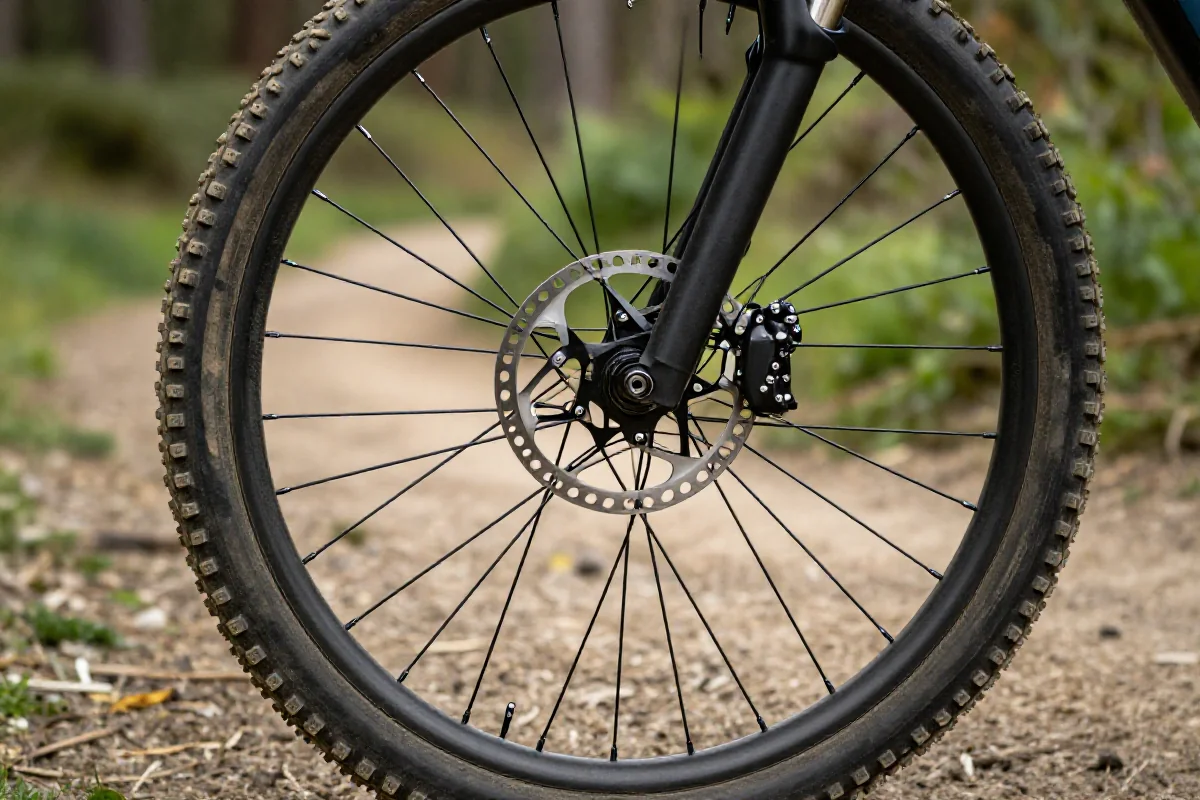 Szczegóły roweru górskiego, hamulce tarczowe i opona na leśnej ścieżce.