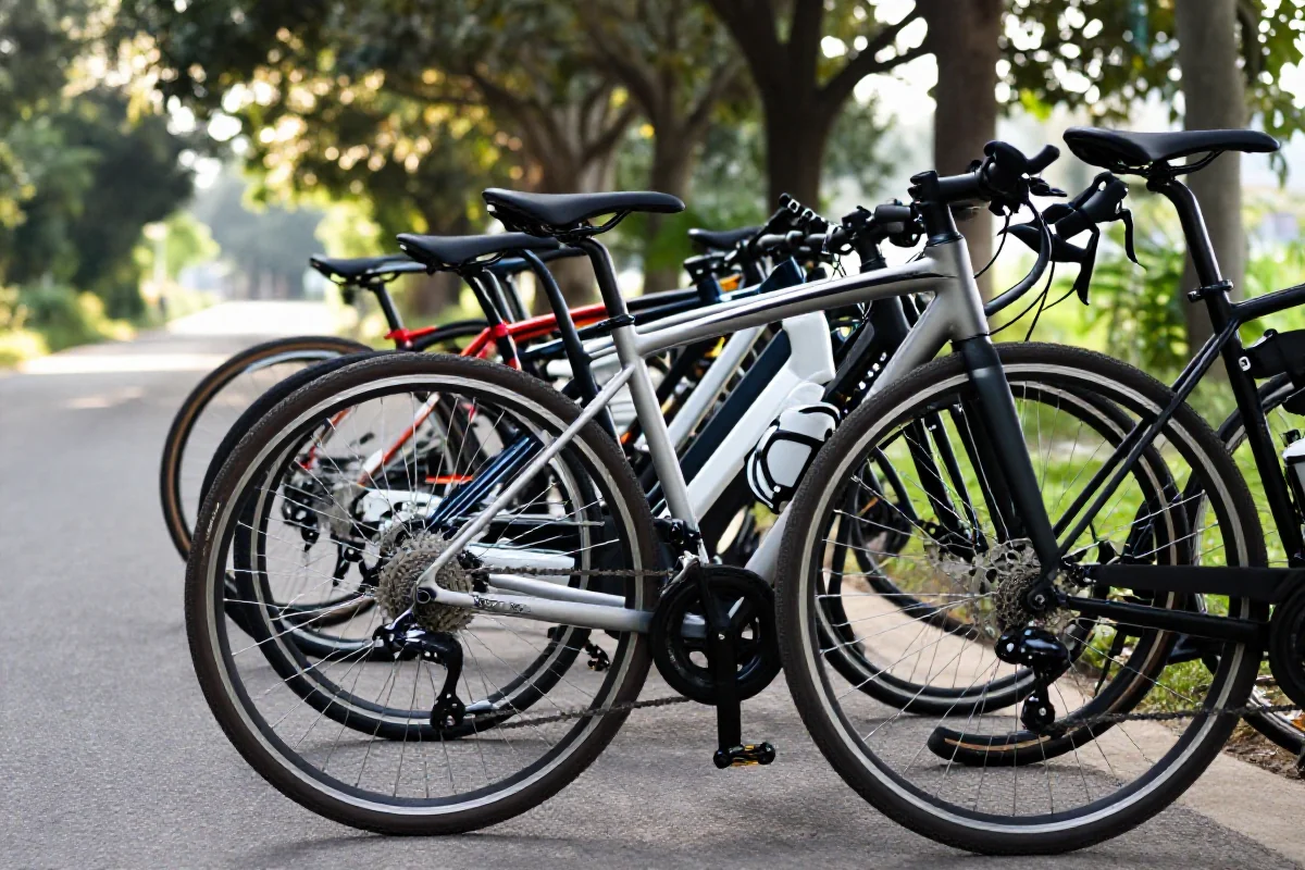 Rowerzyści w kolumnie na cichej drodze, pokazujący formacje grupowe.