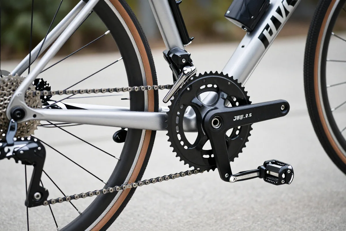 Szczegóły napędu roweru, zębatki i pedały w naturalnym świetle.