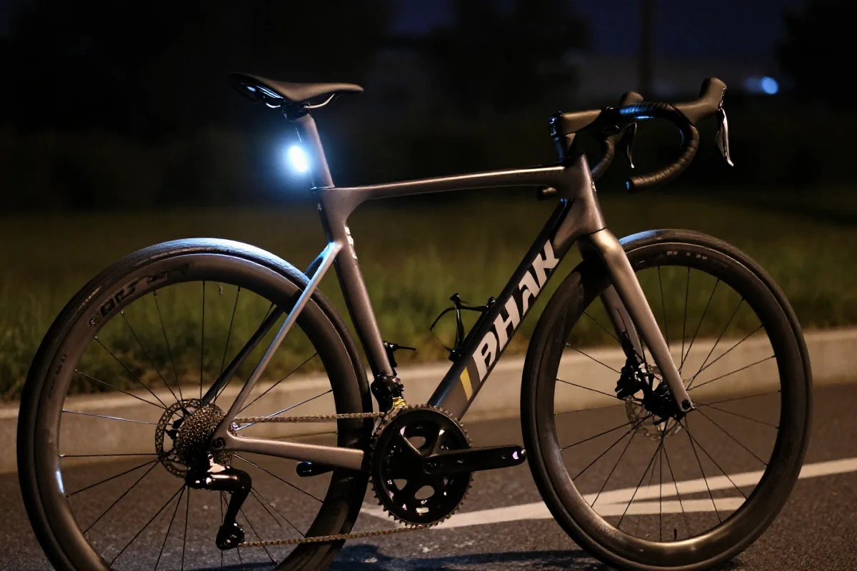 Rower szosowy z oświetleniem LED w nocy, zapewniający bezpieczeństwo podczas jazdy.