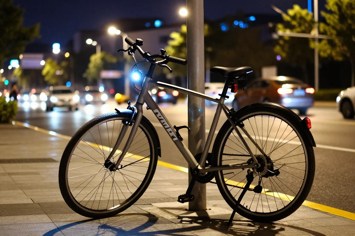 Rower miejski z reflektorami w nocnej scenerii miejskiej, zapewniający widoczność.