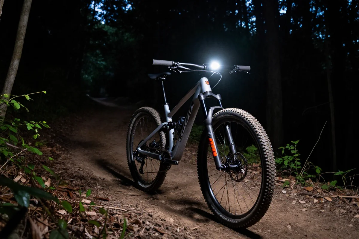 Rower górski z oświetleniem do jazdy nocnej na leśnej ścieżce.