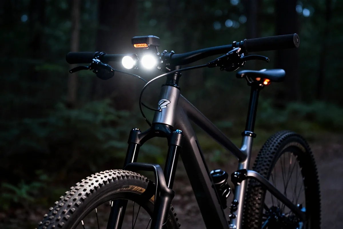 Rower MTB z oświetleniem do jazdy nocnej w lesie.