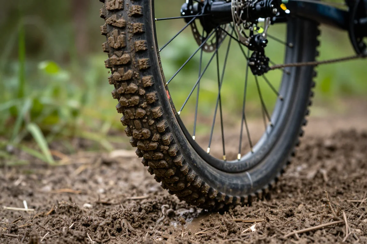 Błotnisty teren z oponą rowerową górskiego w trudnych warunkach jazdy.