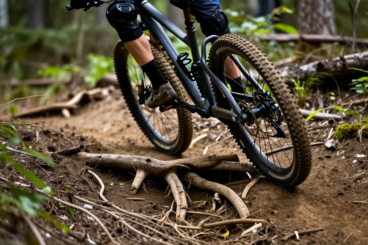 Rower górski pokonujący trudną sekcję z korzeniami w lesie