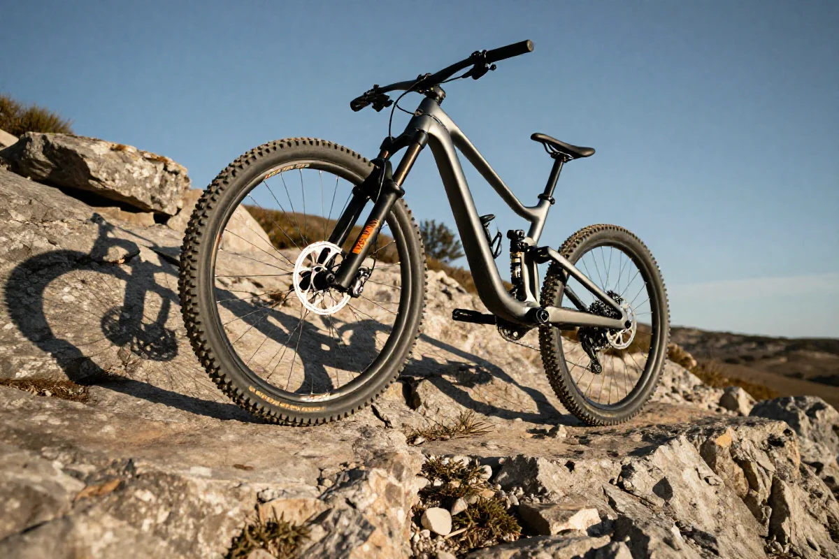 Rower górski na kamienistym terenie, podkreślający techniki jazdy w trudnych warunkach.