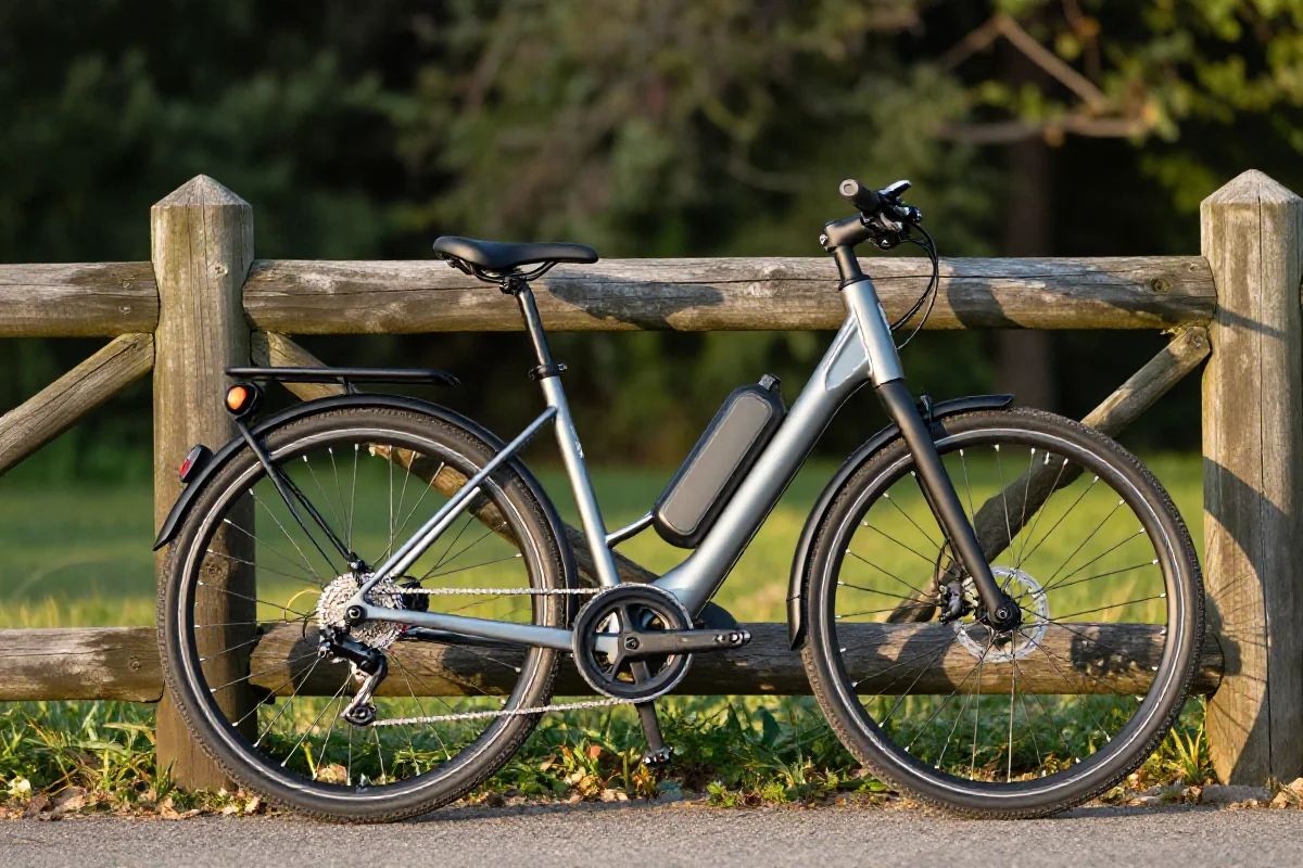 Elektryczny rower w parku, podkreślający bezpieczeństwo rowerzystów.