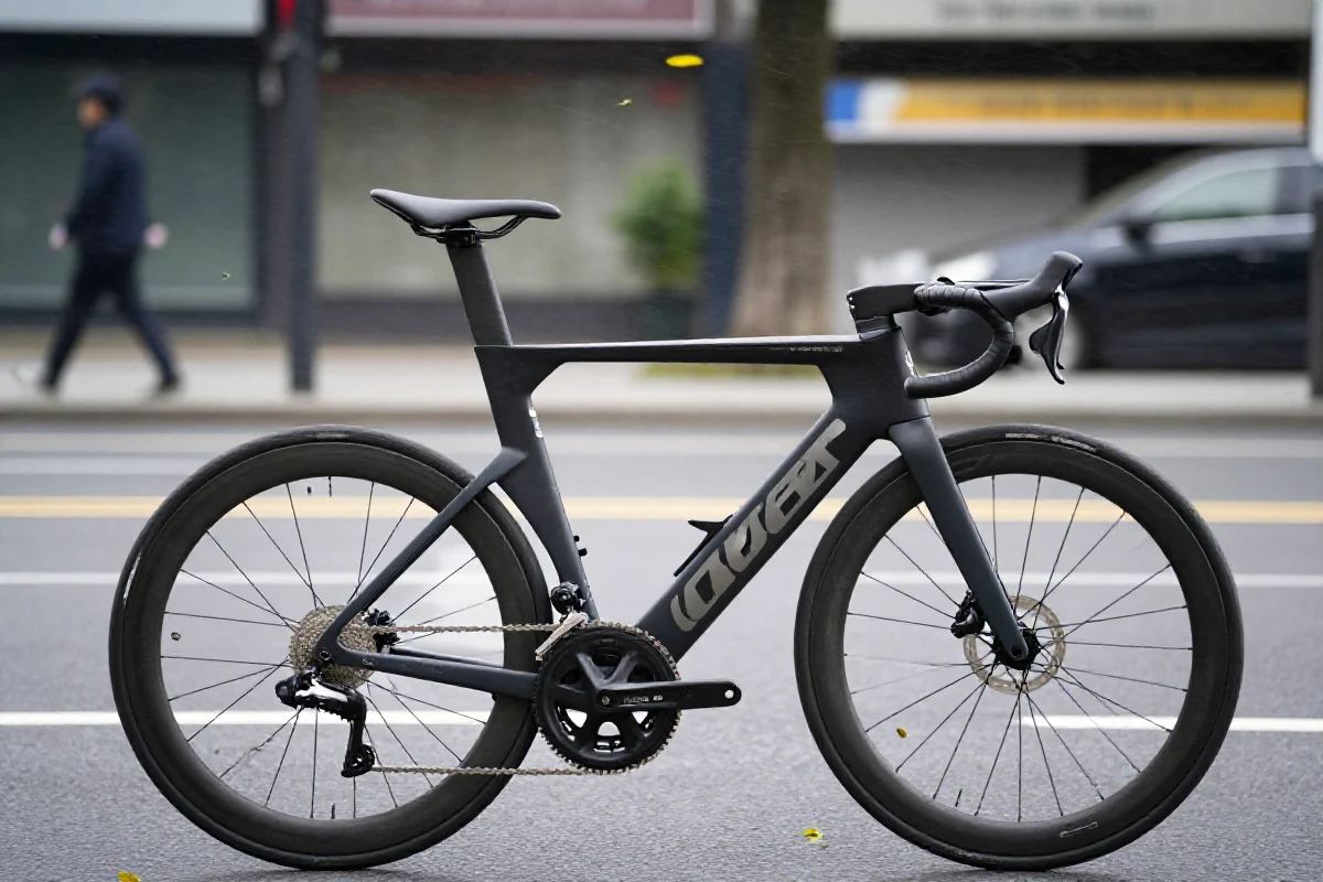 Rower miejski w trudnych warunkach wietrznych na ulicy.