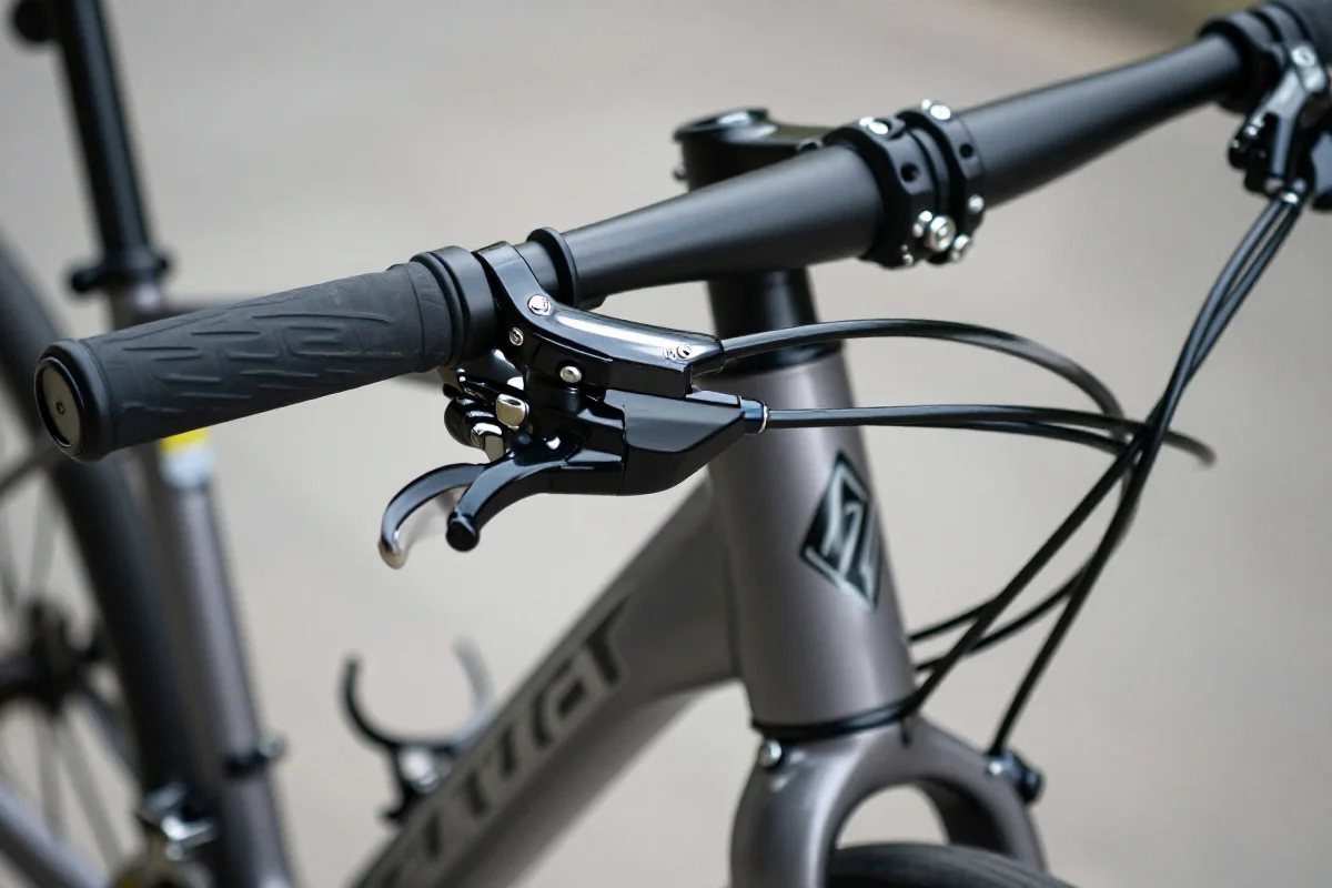 Rowerowe komponenty: kierownica, hamulce i zmieniarki biegów.