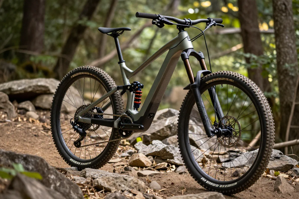 Nowoczesny rower górski elektryczny e-MTB na skalistej trasie w lesie.