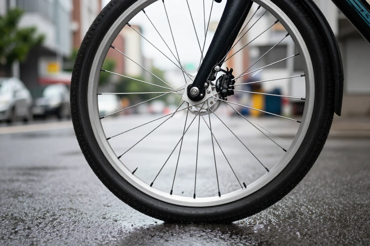 Koło roweru na mokrej nawierzchni w miejskim otoczeniu.
