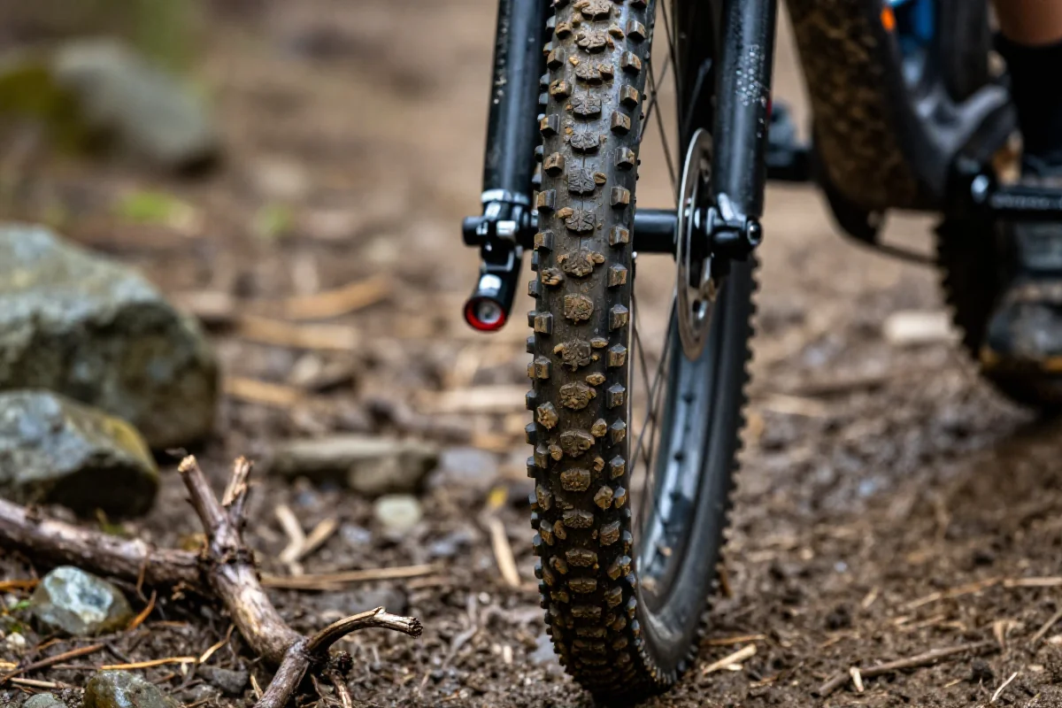 Opona roweru górskiego na błotnistej ścieżce po deszczu.