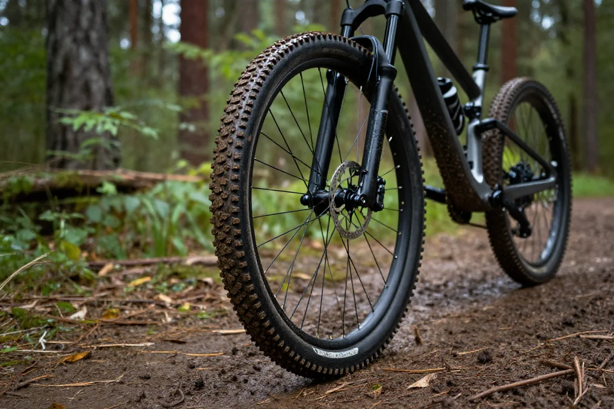 Opona roweru górskiego na błotnistej nawierzchni, ukazująca przyczepność w deszczu.