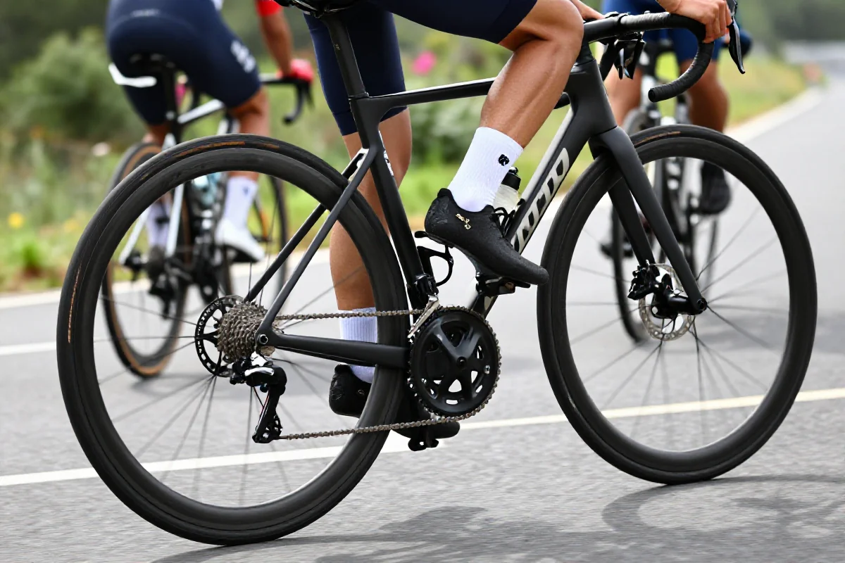 Szeroka grupa rowerzystów w paceline na malowniczej drodze, technika jazdy grupowej.