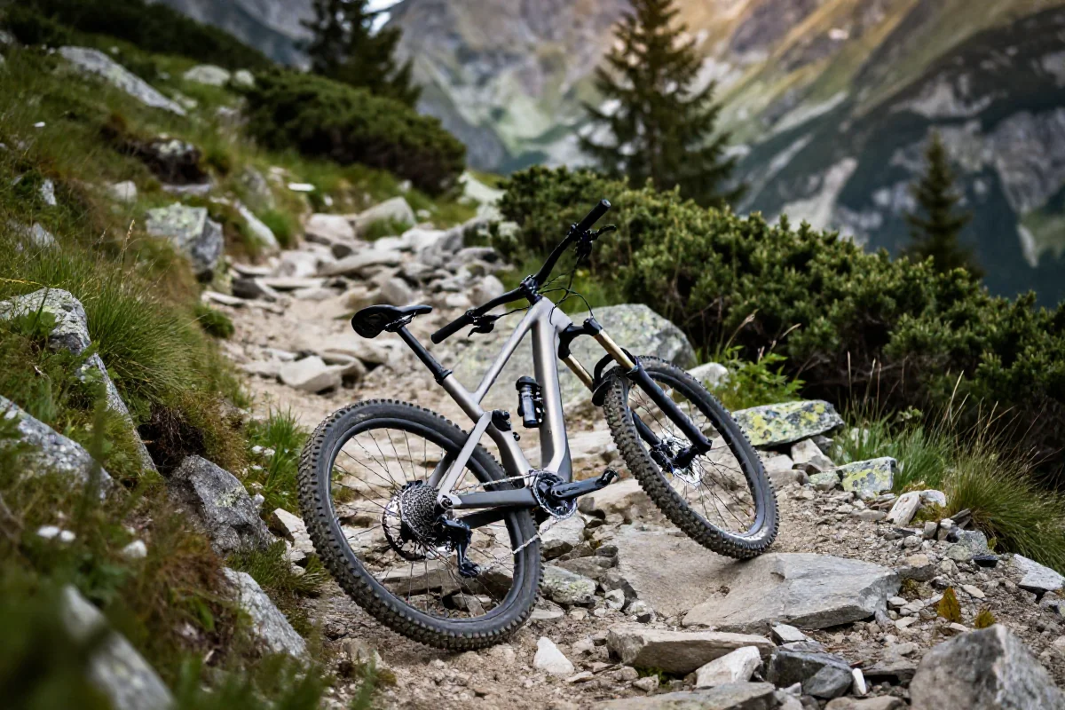 Rower górski na szlaku w Tatrach, ukazujący piękno górskiej przyrody.