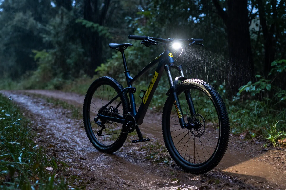 Rower górski na błotnistej ścieżce w deszczową noc, z elementami odblaskowymi.