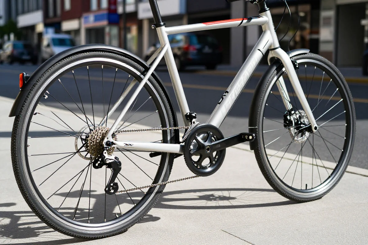 Nowoczesny rower miejski na słonecznej ulicy, idealny do jazdy w upale.