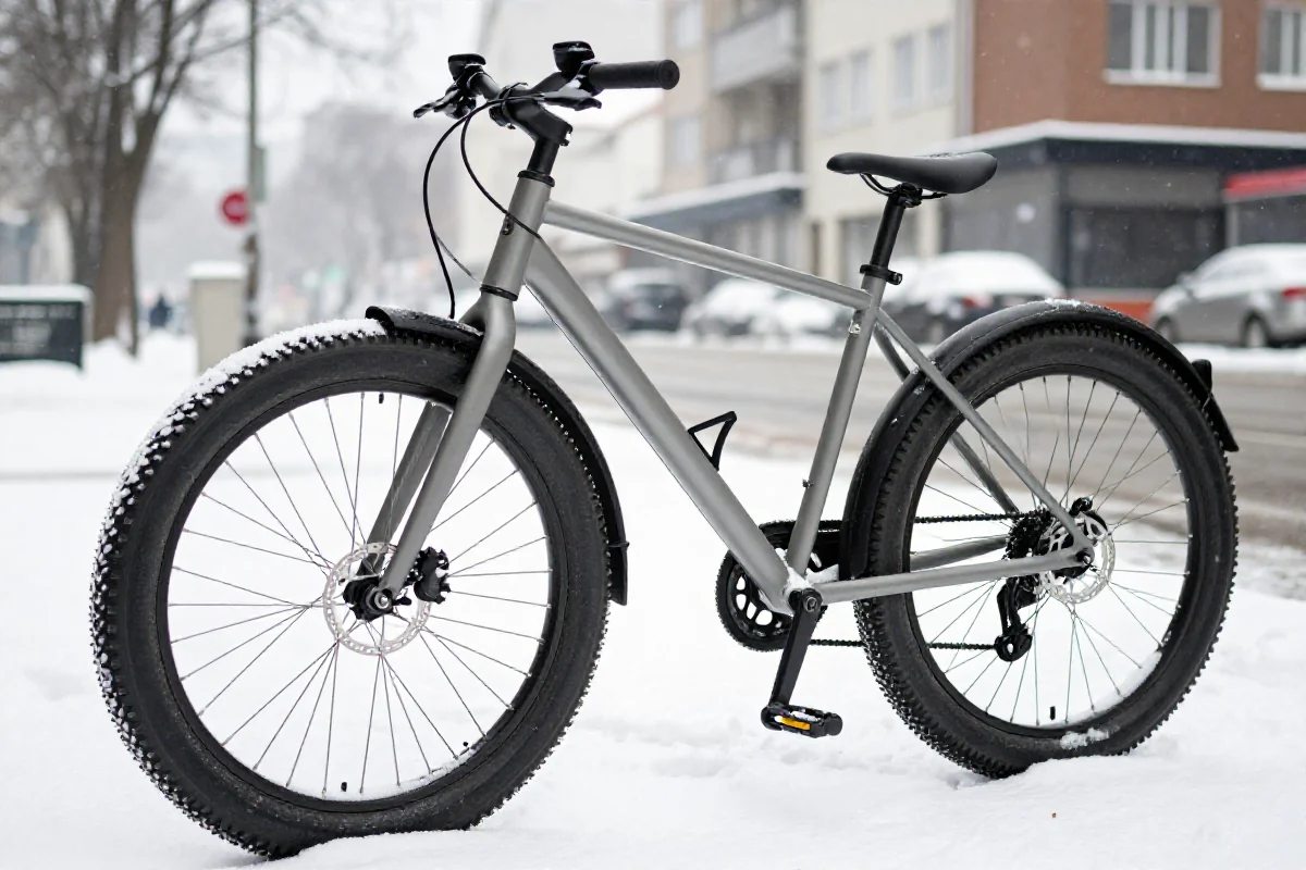 Rower miejski przystosowany do jazdy zimą na zaśnieżonej ulicy.