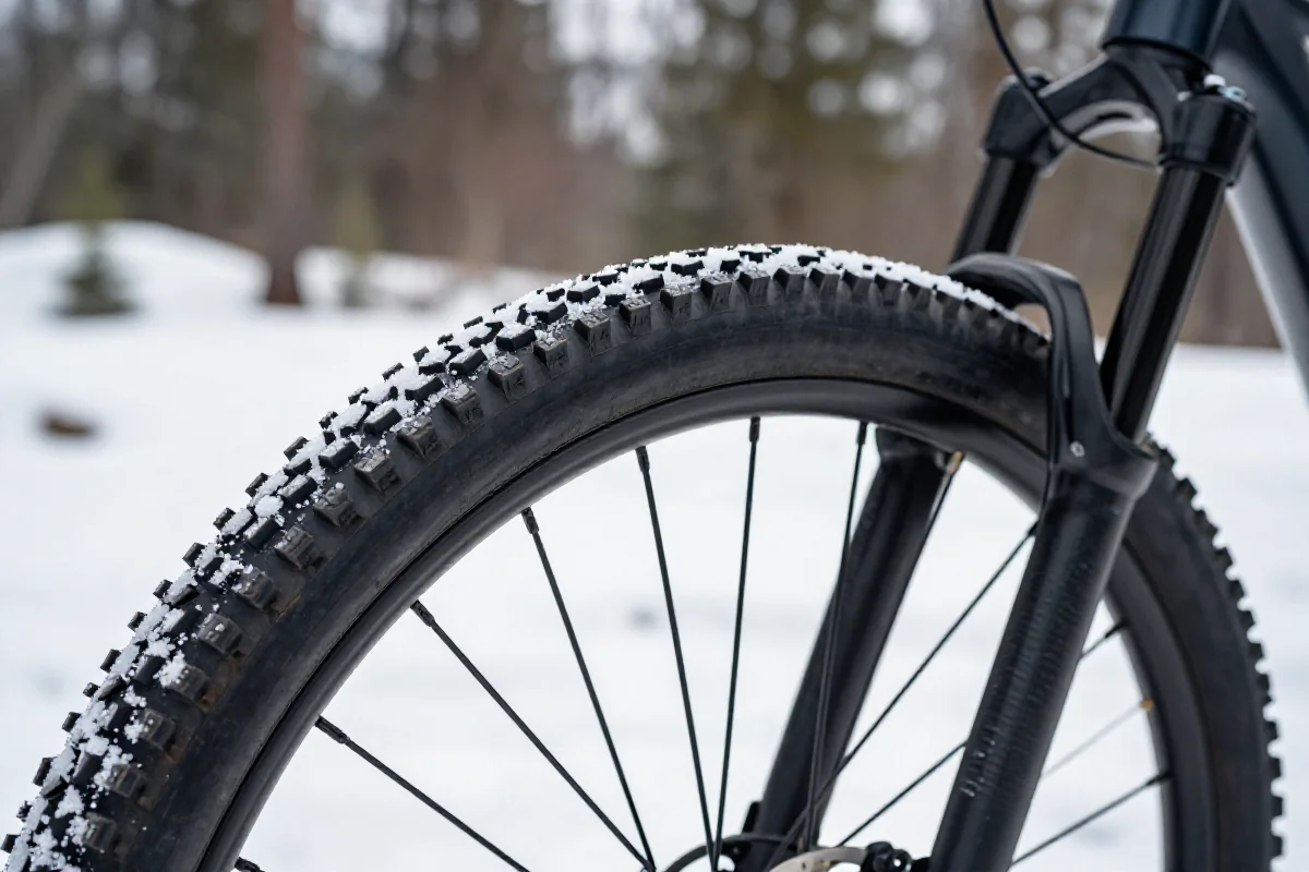 Zimowy rower górski z oponami przystosowanymi do jazdy w trudnych warunkach.